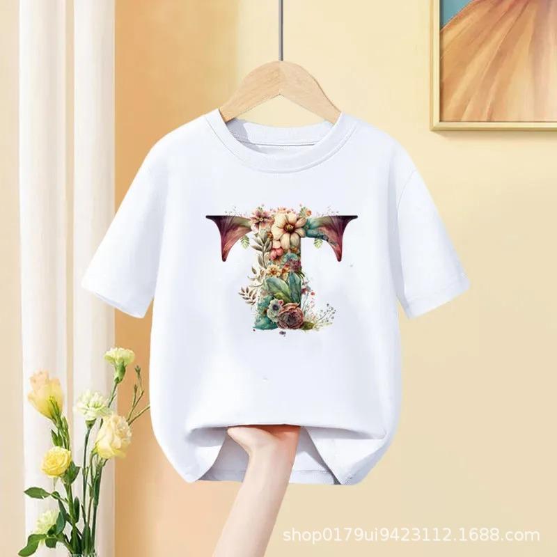 Floral AZ Kids Tshirt 26 Letters Cute ABCD Cartoon Short Sleeve Tee for Girls Summer Fashion Polyester Fabric