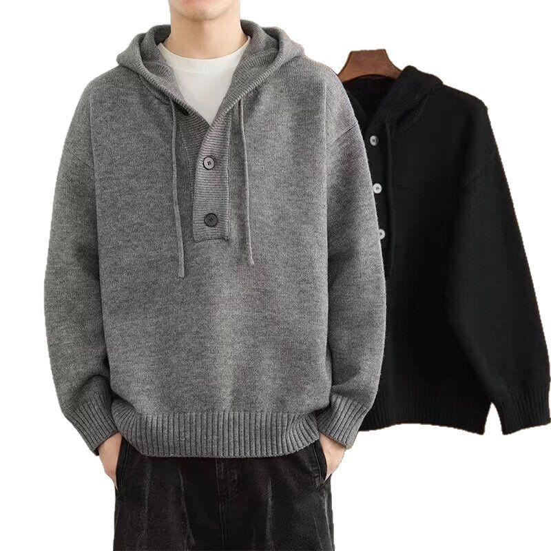 Men's Autumn/Winter Loose Hooded Pullover - Solid Color Knit Sweater