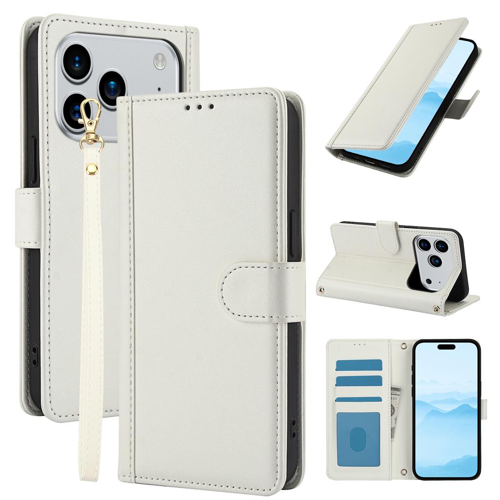 For iPhone 17 Pro Max Case PU Leather Stand View Phone Wallet Cover with Hand Strap