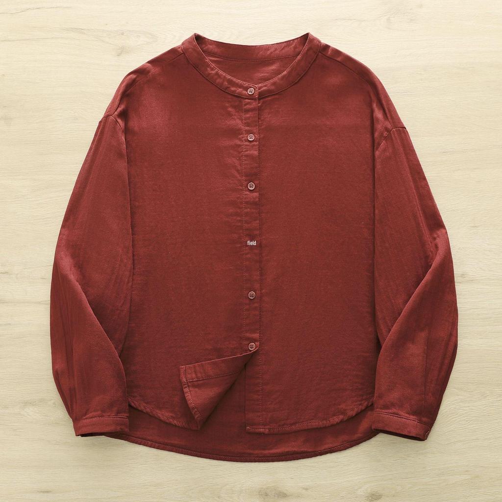 Women's Stand Collar Long Sleeve Cotton Gauze Shirt - Solid Color, Breathable, Slimming, 2026 Spring/Autumn Collection