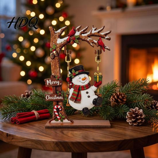 Winter Holiday Home Decor Christmas Wooden Ornaments Santa Snowman Figurine with Moving Bookshelf Decorations Swing