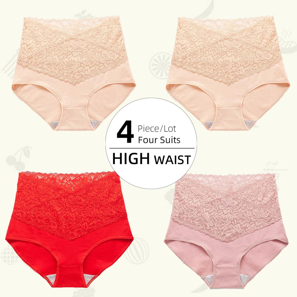 Women High-waist Lace Panties Pure Cotton Crotch Panty Briefs Front and Back Leak-proof Underwear Women‘s Underpants