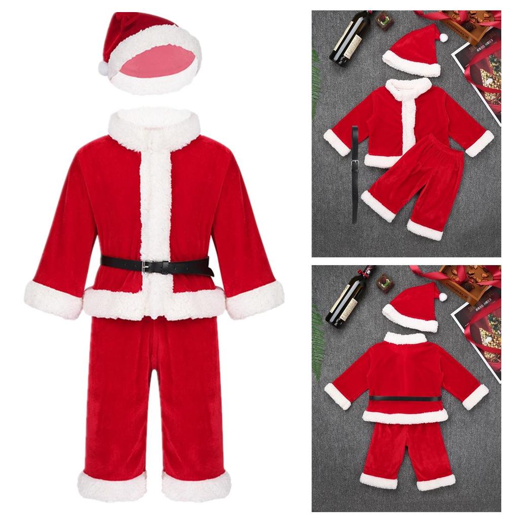 Baby Boys Christmas Santa Claus Costume Outfit Long Sleeves Velvet Top + Trousers Set