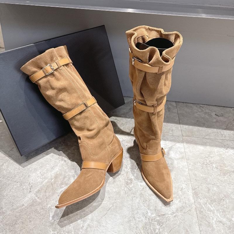 Autumn and winter new fashionable high-heeled metal belt buckle pointed western cowboy boots women's pleated thick-heeled women's boots