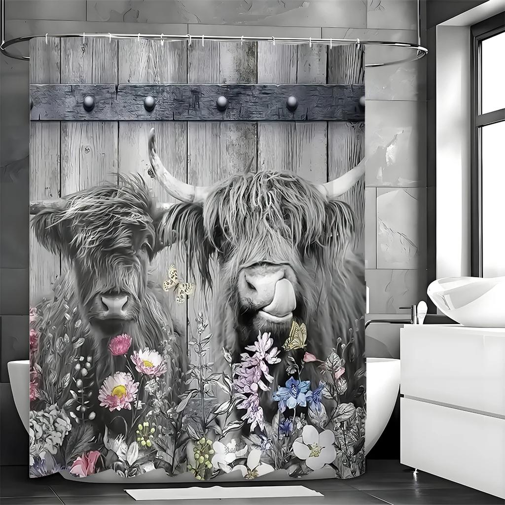 Floral Black And White Barnyard Door High Low Cow Shower Curtain, Bathroom Decorative Shower Curtain, Waterproof Shower Curtain
