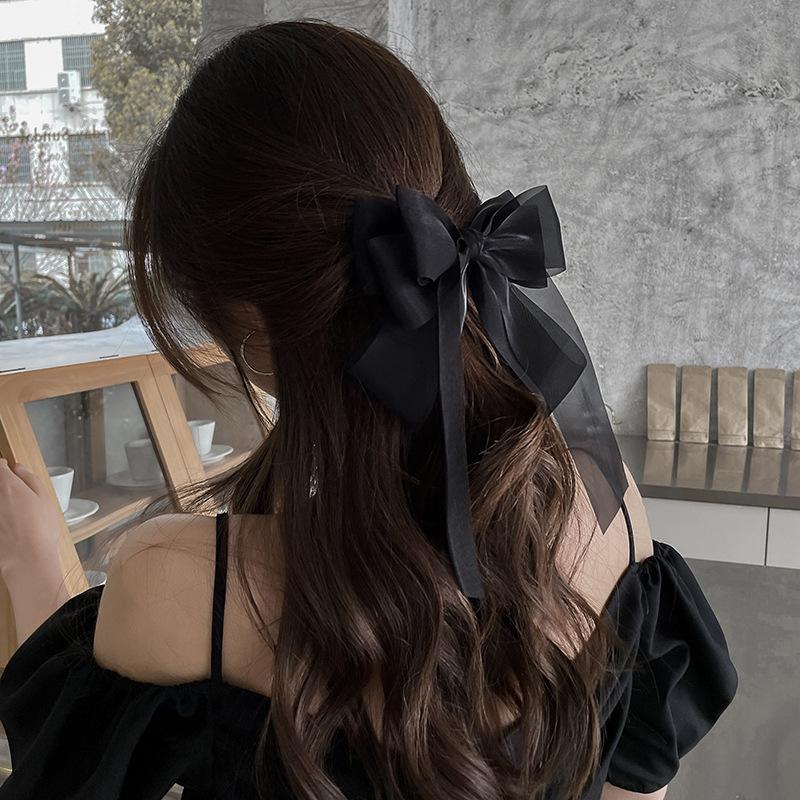 Lystrfac  New Black White Yarn Bow Hair Clip for Women Girls Spring Clip Back Head Hairpin Fashion Hair Accessories