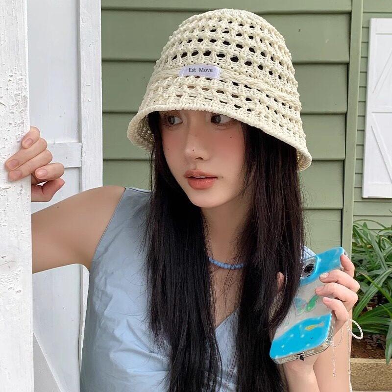 New bucket hat women's summer sunshade sunscreen straw woven basin hat versatile face small wide brim woven hat