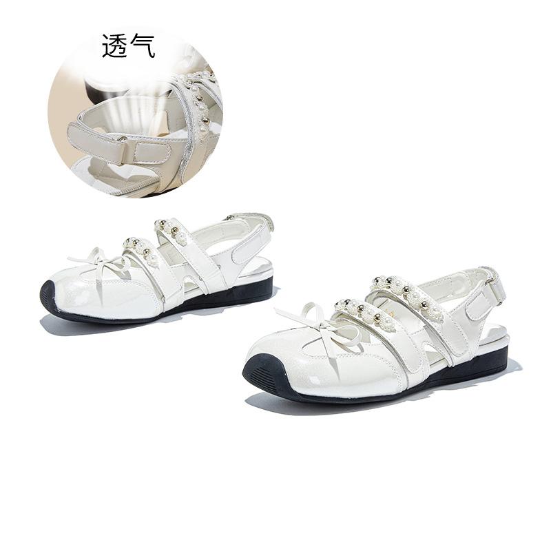 Leather Bag Head Sandals Women's 2025 Summer New Square Head Velcro Bow Mary Jane Shoes Rear Air German Training Shoes