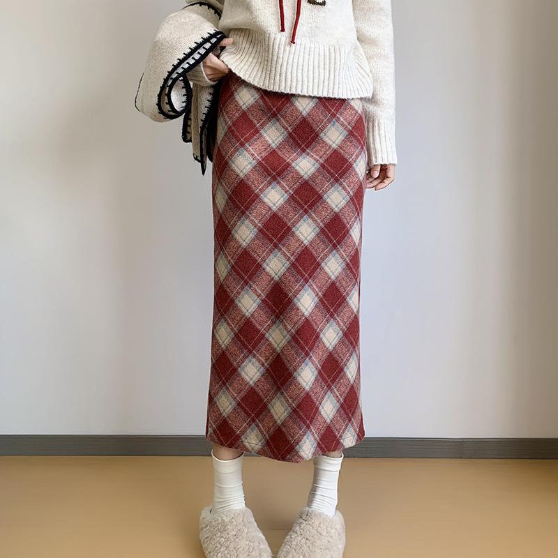 Roter Retro-Woll-Karo-Rock mit Schlitz - Herbst/Winter Beflockter, formender Hüftwickelrock
