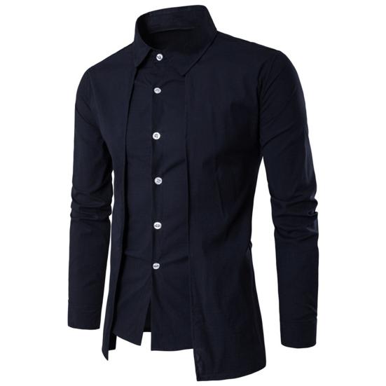 

Мужская осенне-весенняя рубашка, искусственный двухсекционный воротник-стойка с лацканами и длинным рукавом, приталенный однобортный кардиган, деловой топ средней длины M темно-синий