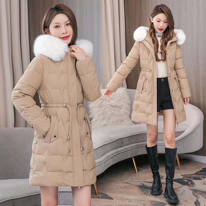 Winter Women New Elegant Parkas Midi Slim Fashion Korean Big Fur Collar Zipper Drawstring Classic All-match Warm Down Jacket