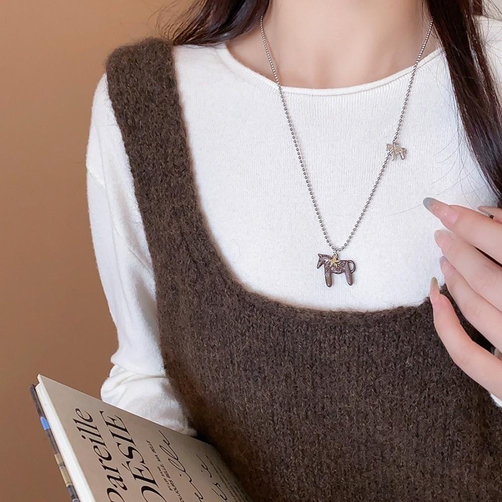 Silver Plated Beads Chain Chain Choker Korean Style Sweater Chain Fashion Horse Necklace  Women