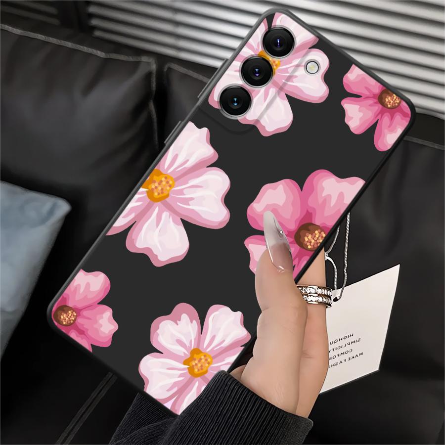 Case for Samsung Galaxy A70 A06 A04 A05 A50 A40 A16 A20 A13 A17 A10 A12 A30 A15 Black Soft Phone Cover Pink Lily Flower Pattern