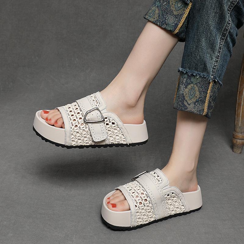 5CM Weave Sheepskin Leather Shoes Hollow Mary Jane Loafer Slippers Platform Wedge Flats Peep Toe Women Breathable Sandals Summer