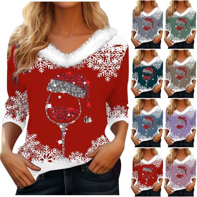 3/4 Sleeve Shirts For Women Christmas Printed Graphic Tees Blouses Casual Plus Size Basic Button Tops Pullover