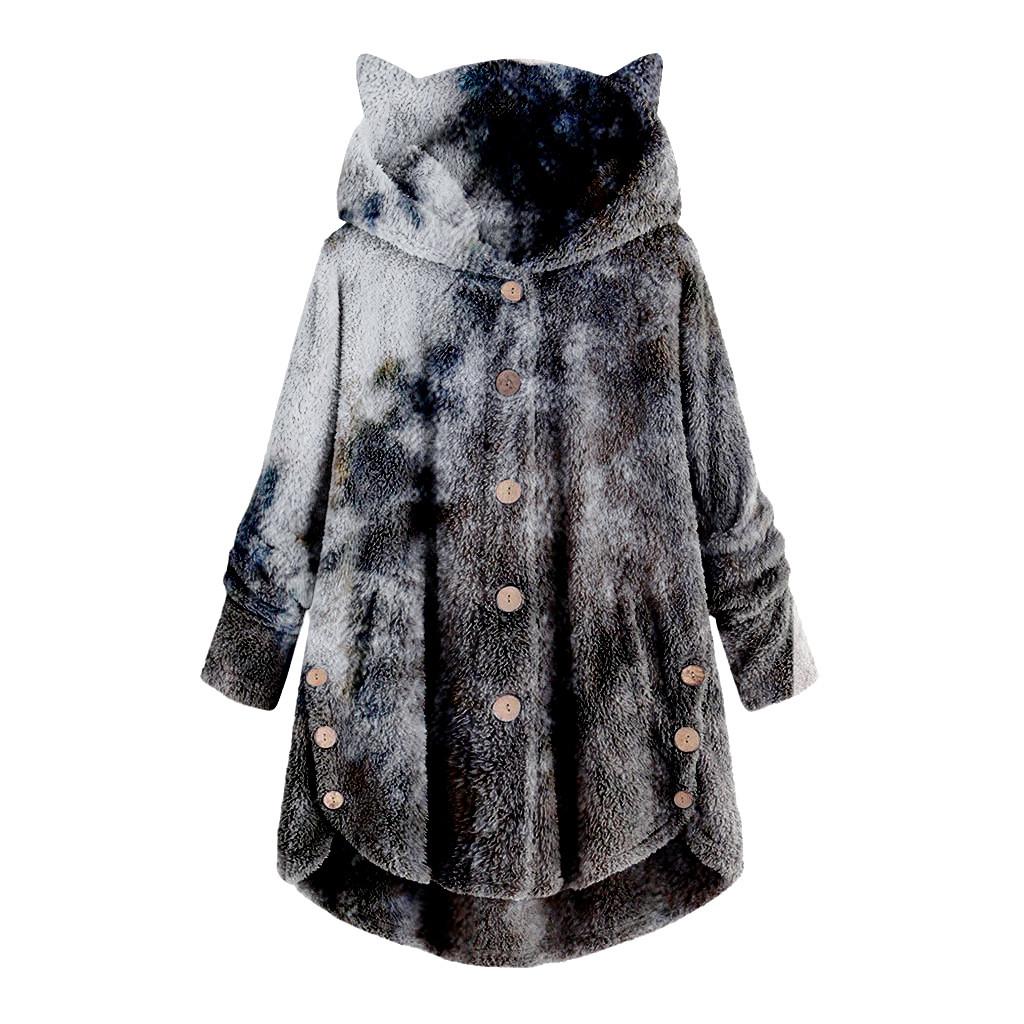 Women Fashion Plush Pocket Winter Tie-dyed Long Sleeve Keep Cat Ears Warm Coat