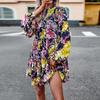 Women Floral Printed Casual Loose Fit Dress Long Sleeve Short O Neck All Match