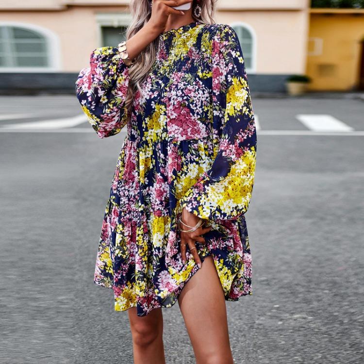 Women Floral Printed Casual Loose Fit Dress Long Sleeve Short O Neck All Match