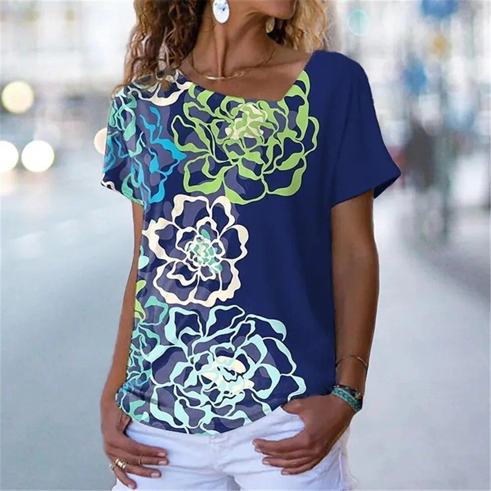 

Жіночі футболки з квітковим 3D-принтом, сексуальний елемент, діагональний виріз, літо, стиль Harajuku, модний пуловер з короткими рукавами, новий персоналізований XS