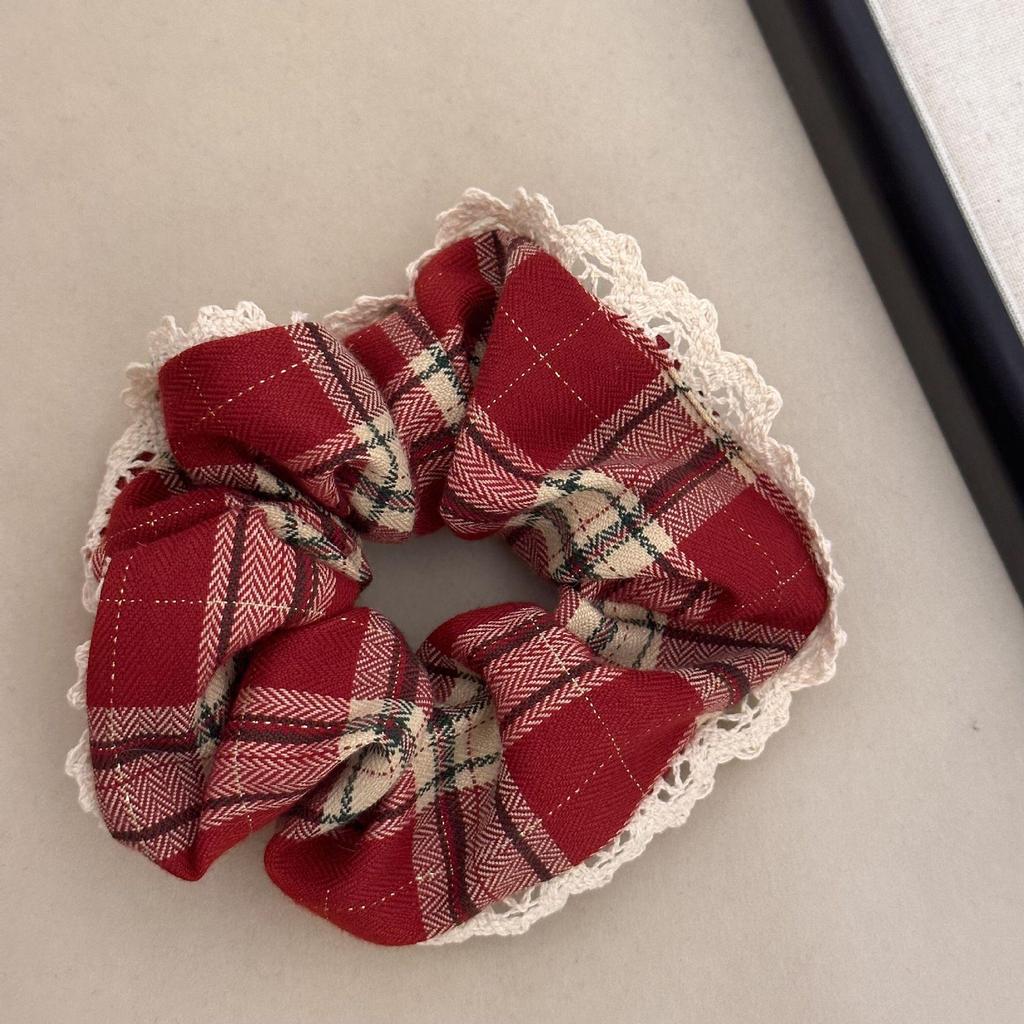 Red Korean Plaid Lace Ponytail Scrunchie – Women's High-End Holiday Hair Tie
