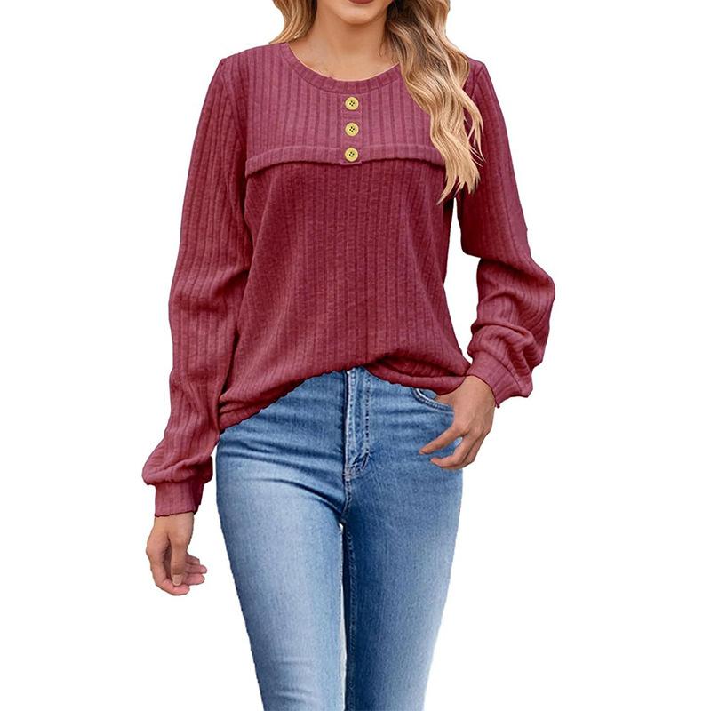 Autumn Winter Round Neck Solid Pullover T-shirt Women Vintage Long Sleeve Buttons All-match Patchwork Tee Top