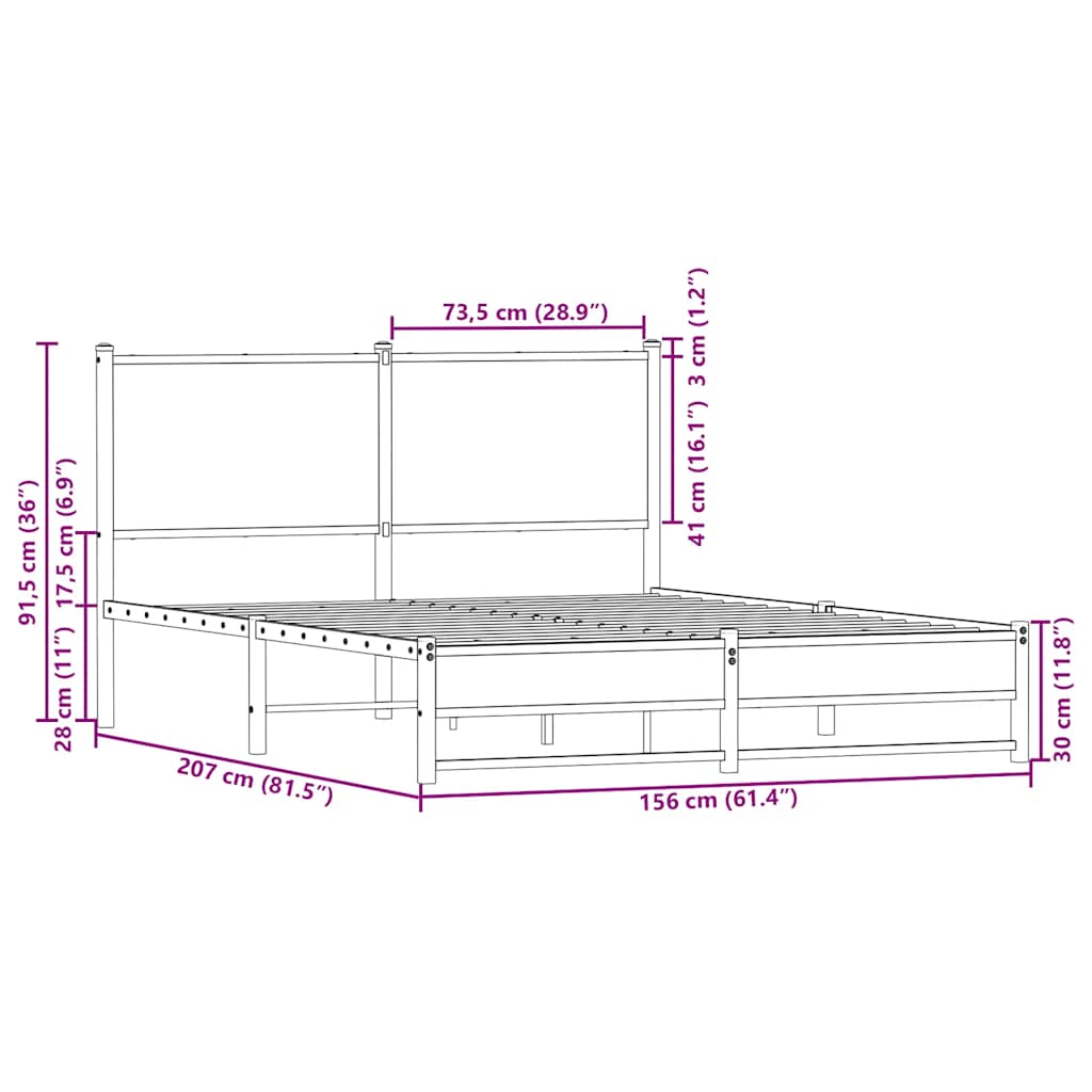 Metal Bed Frame without Mattress Sonoma Oak Finish 150 x 200 cm
