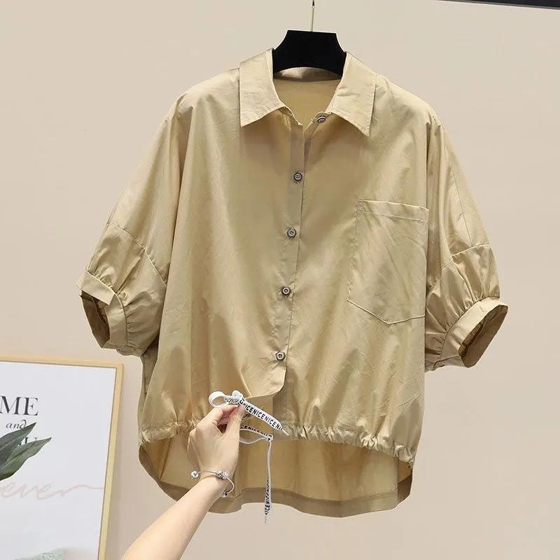 Yaz Yarasa Kol Gündelik Gömlekler Kadın Moda Bol Düz Renk Oversize Bluzlar Bağcıklı Üstler Hafif Pamuklu Bluzlar