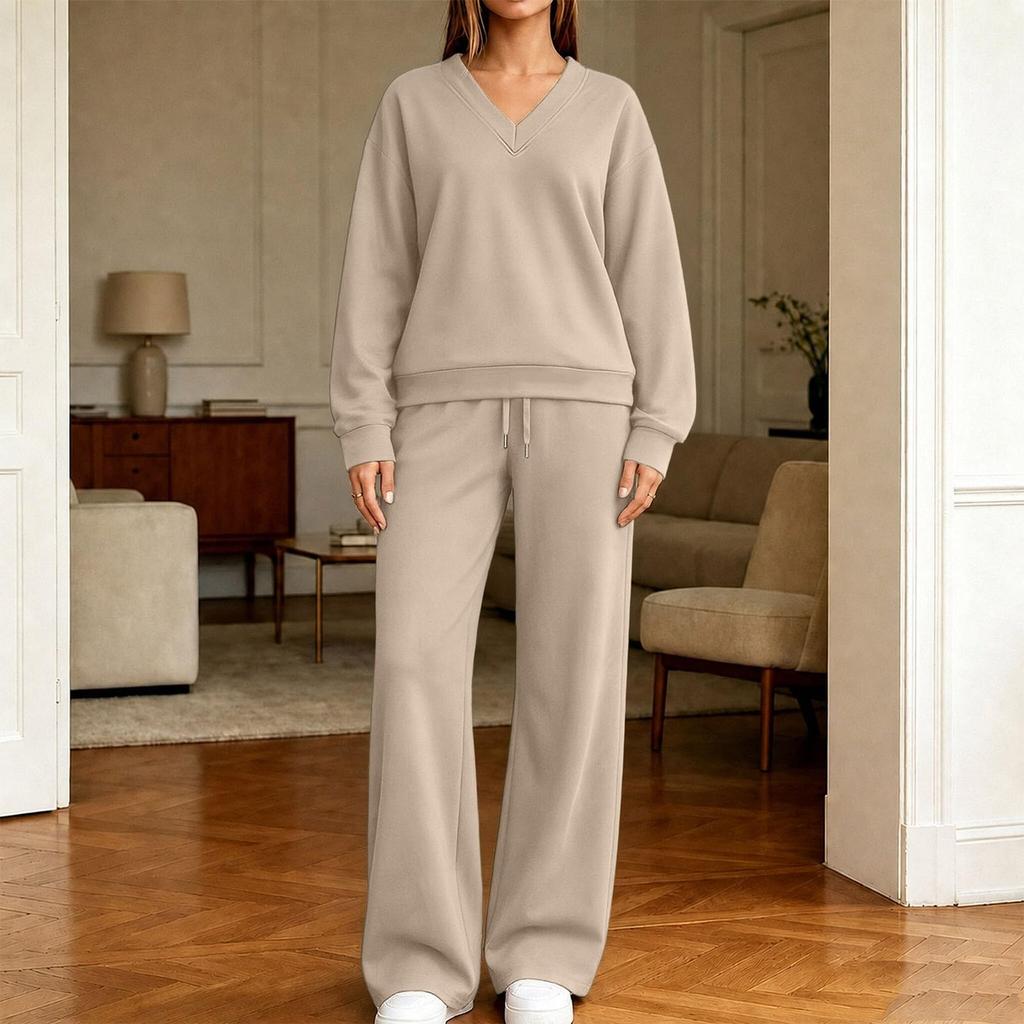 Women's V-Neck Pullover Sweatshirt and Wide Leg Pants Set Casual Outfit