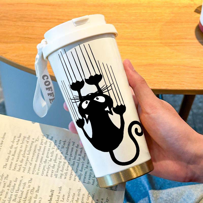 Cartoon Cute Black Line Cat 500ml-LLB/16.9oz - 316 Stainless Steel Double-Wall Insulated Travel cup with Lanyard & Straw 500ml