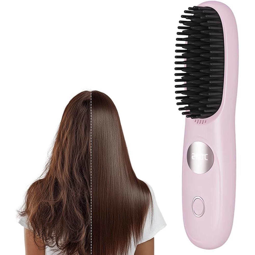Cordless Hair Straightener Brush, Portable Mini Hair Straightening Brush with 3 Temperature Settings LED Display, USB Rechargeable
