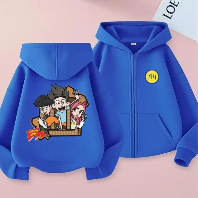 A4 Cartoon Trio Hooded Cardigan for Kids, Double-Sided Print Loose Casual Sweatshirt, Spring/Autumn.