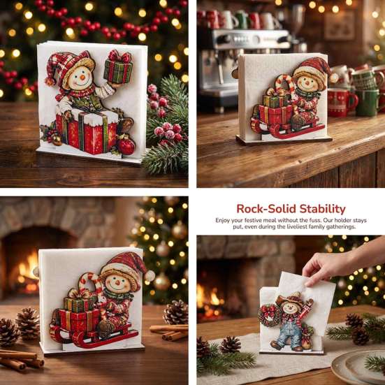 Festive Snowman Paper Napkin Stand Holder for Dining Table, Wood Vertical Wooden Organizer Table Dispenser, Christmas Tissue Storage Holiday