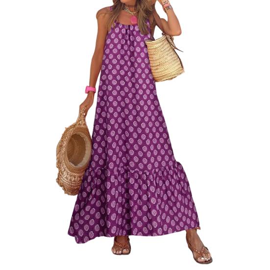 Women Boho Sleeveless Maxi Dress Spaghetti Strap Backless Swing Long Dress Summer Beach Flowy Sundress