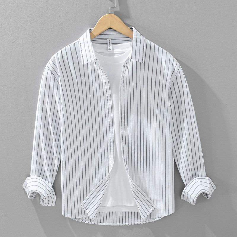 Export Surplus Vintage Oxford Striped Shirt for Men, Spring and Autumn Long-Sleeve Japanese Style Casual Shirt Jacket Trendy White