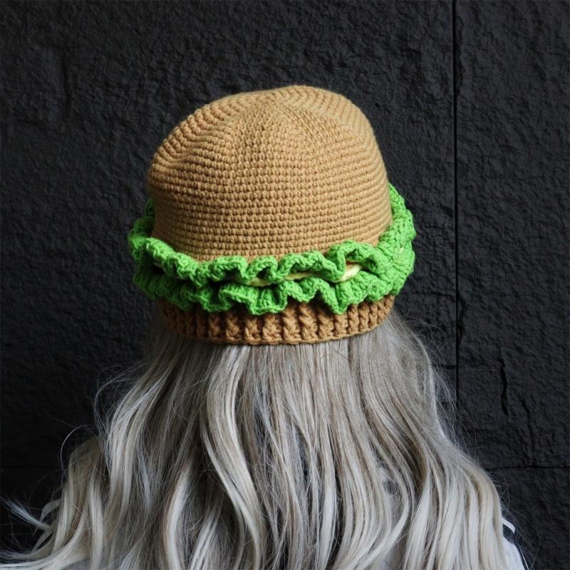 Funny Hamburger Beanies Hat for Adult Unisex Skull Hat Crochet Burger Shape Hat Headwear Halloween Costume Accessories