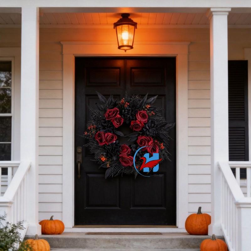 Halloween Wreath Decor Front Door Hallway Plastic Ghost House Theme Party Decoration With LED Lights
