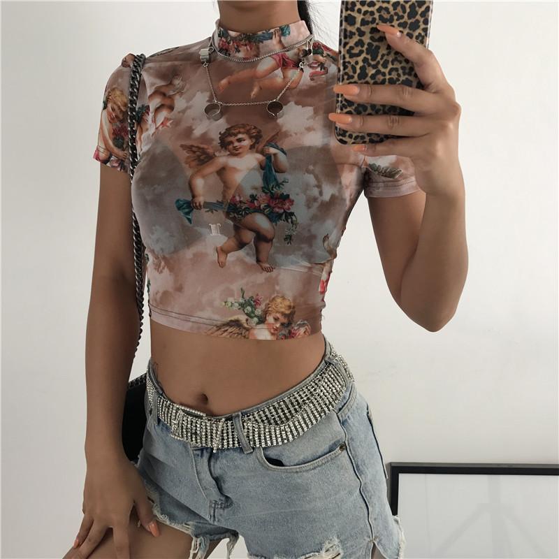 Sexy Lady Summer Cupid Print Mesh See Through Crop Top Slim Short Sleeve T-shirt