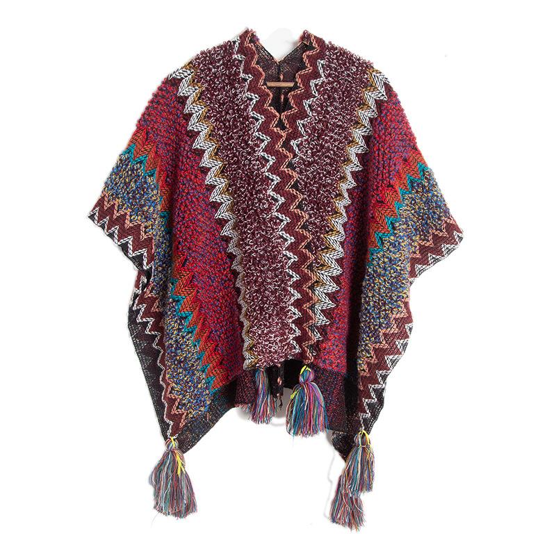 Women's Fashion Spring Autumn Winter Pashmina Ethnic Style Tassel Cape Colorful Knitted Split Shawl