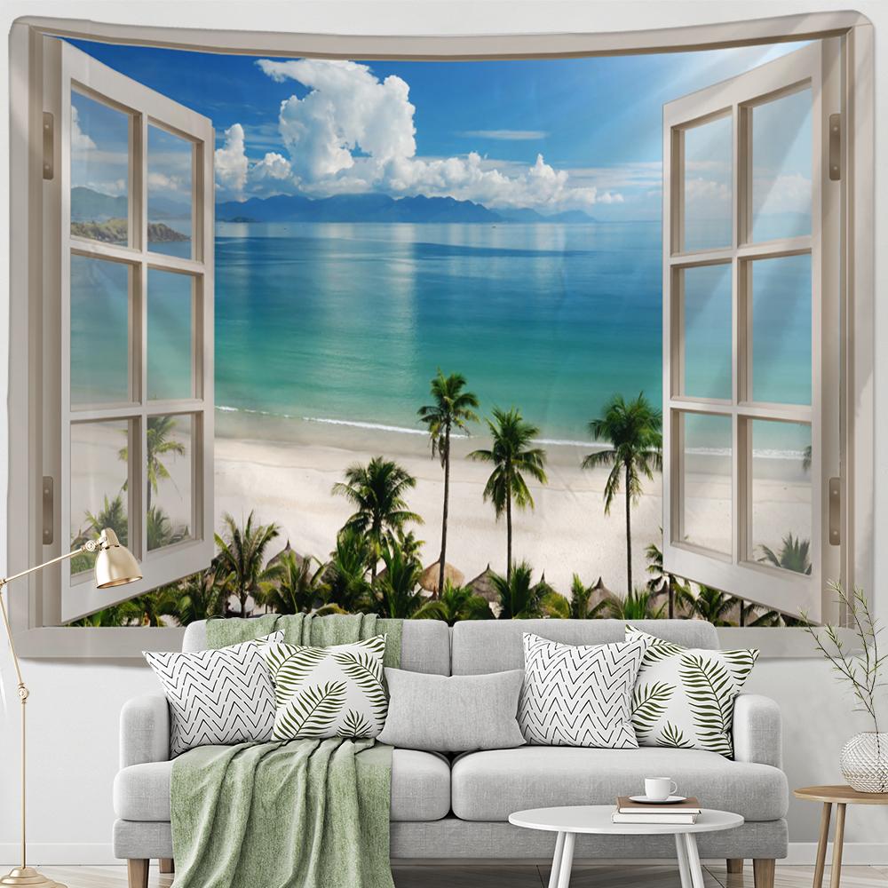 Fenster-Waldblick-Wandteppich, Wandbehang, Polyester-Decke, psychedelischer Hippie-Boho-Stil, Wohnzimmer-Dekoration