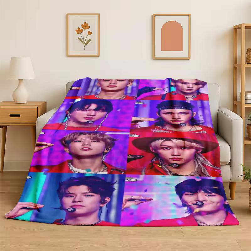 Kpop Stray Kids Music Star Flannel Blanket Soft Warm Throw Blanket for Bedroom Living Room Bed Travel Camping Picnic Gift