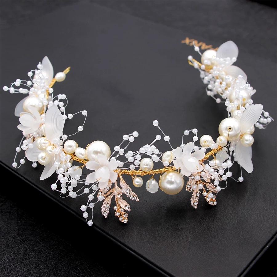 Silver Color Handmade Pearl Flower Headband Bridal Wedding Crown Hair Accessories Hair Band Tiara Crystal Headpiece Hair Jewelry