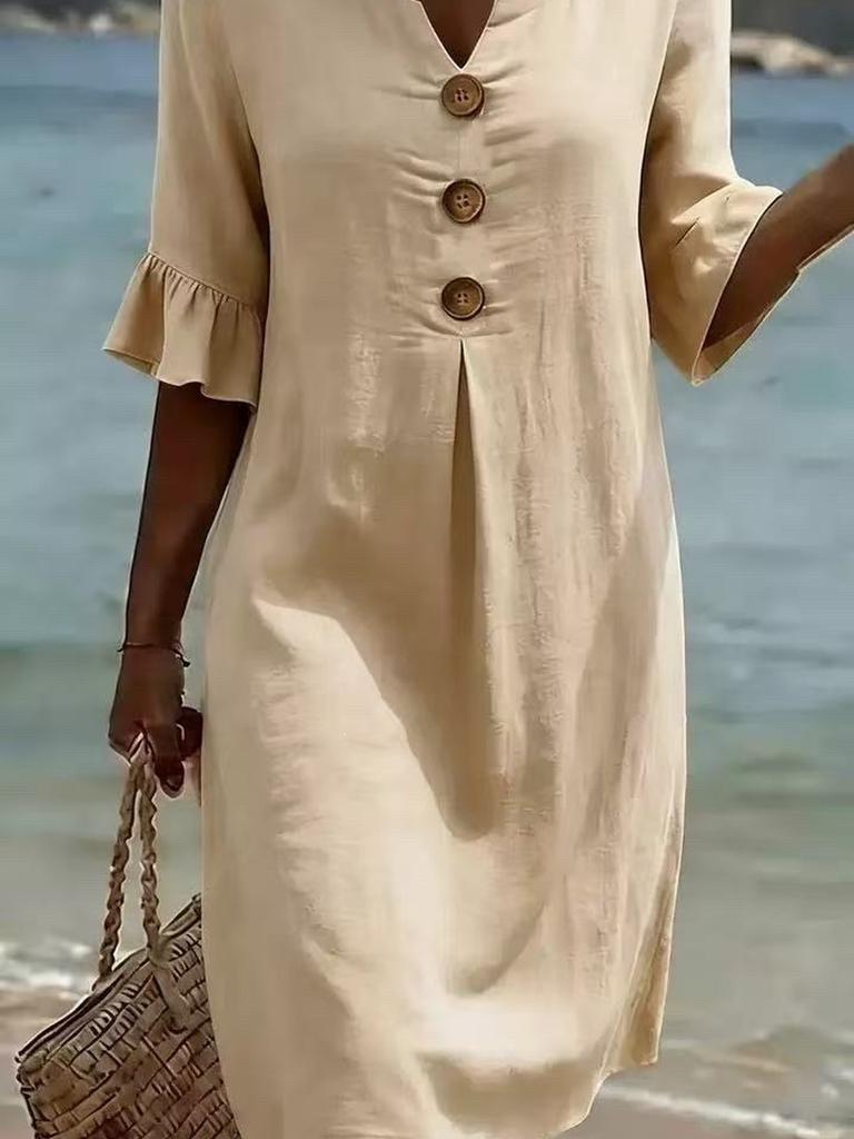 Summer New Cotton Linen V-Neck Buttoned Ruffled Sleeve Dress for Women