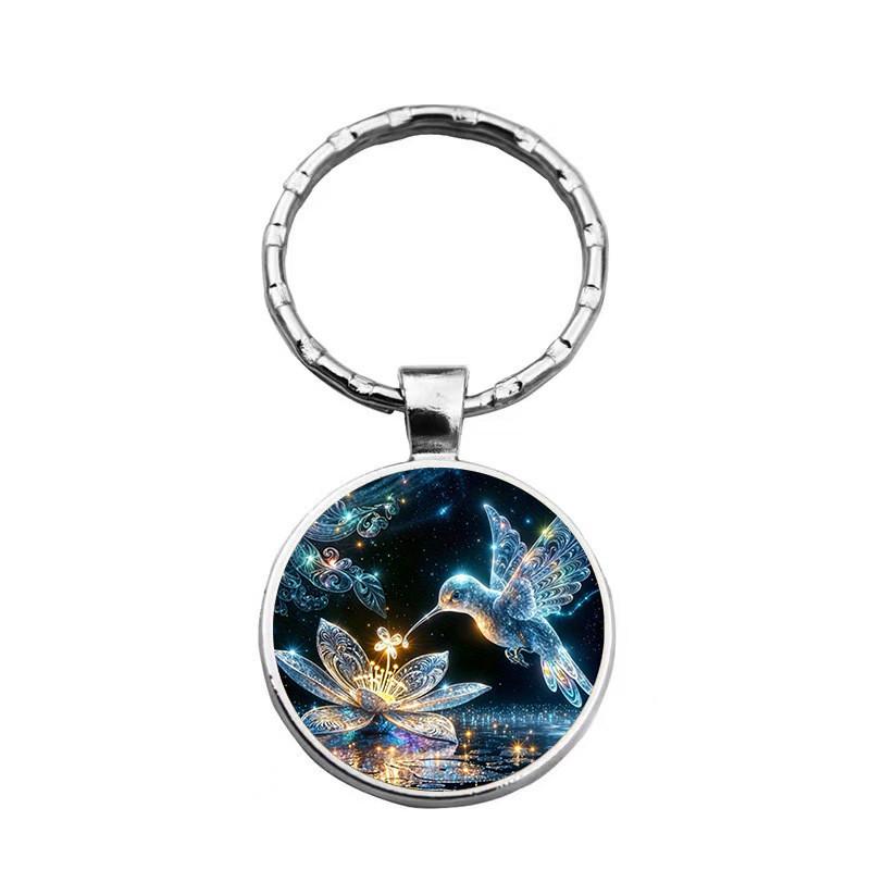 Modern Hummingbird Blossom Alloy Keyring With Glass Finish For Promotional Gifts And Party Favor Use