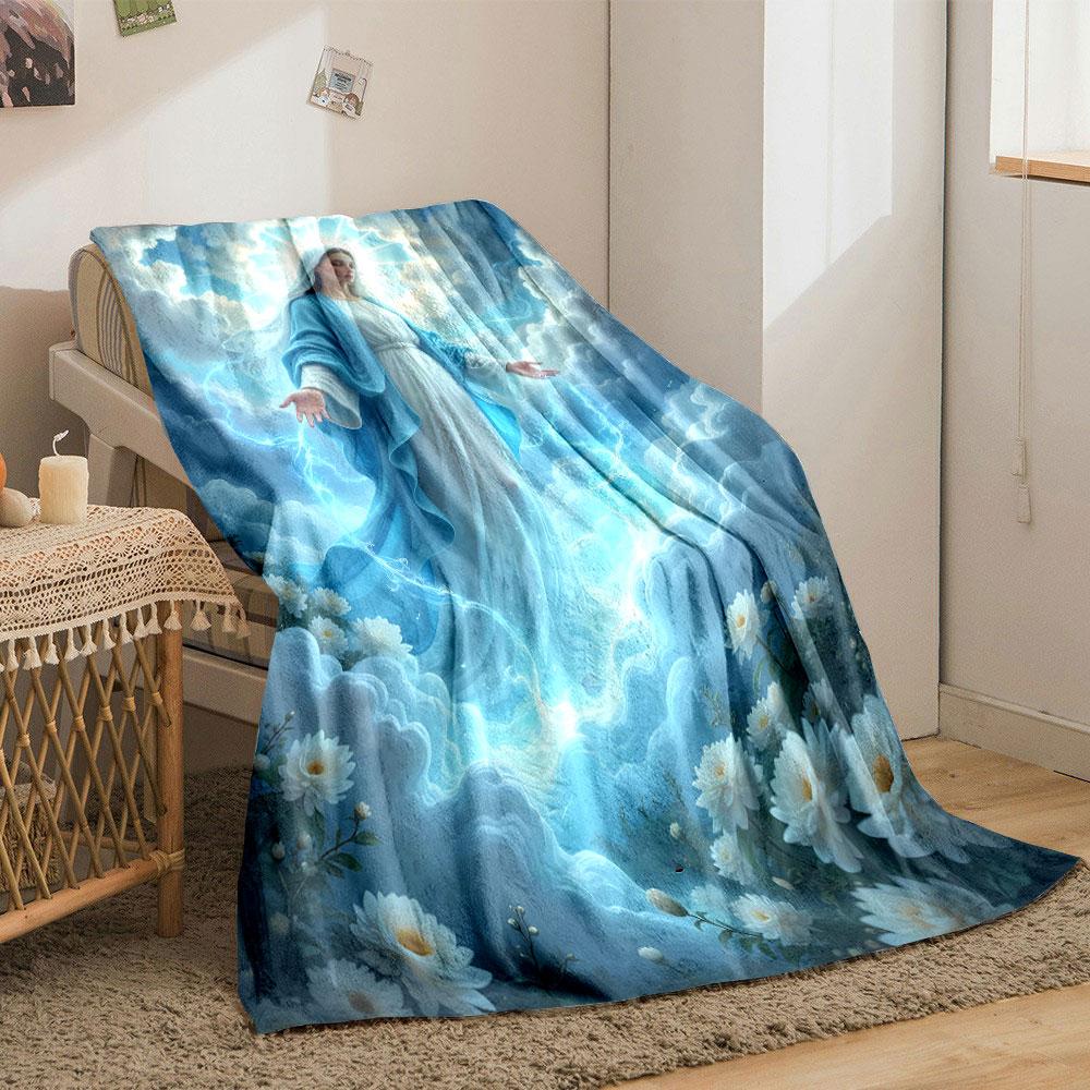 Virgin Mary Clouds White Flowers Blanket Printed Blanket for Living Room Bed Couch lunch break Soft Cozy Blanket for Friend's festival Gift
