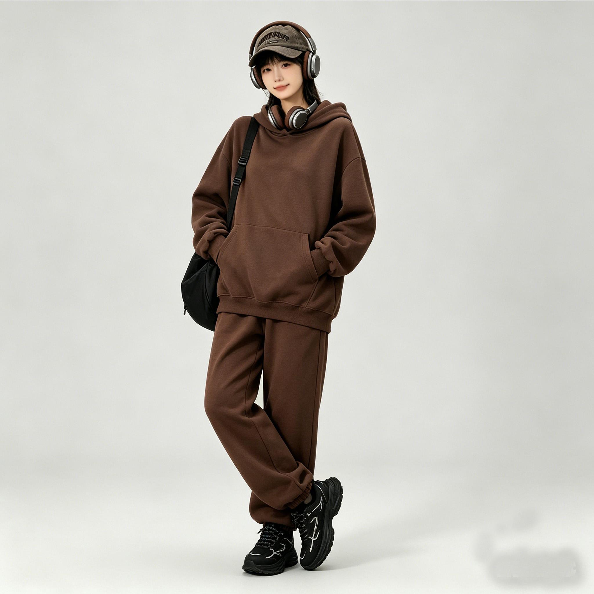 Big Girls 2-Piece Spring Autumn Versatile Hooded & Crew Neck Sweatshirt & Pants Set S темно-коричневого