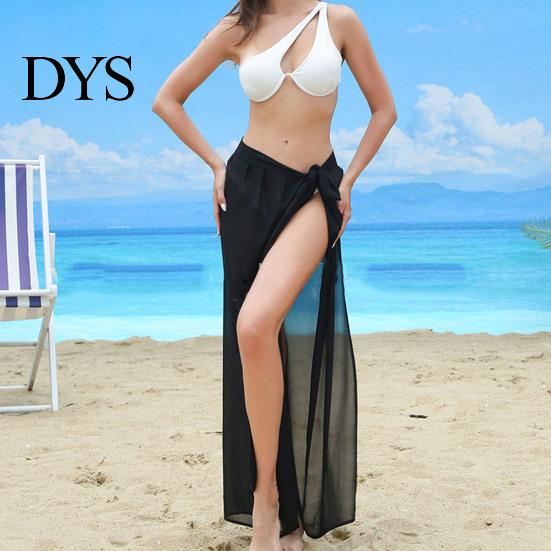 Summer Beach Skirt Women Lace-up Solid Color See-through Thin Flowy Quick-Drying Sun Protection Bikini Cover Up Elastic Waist