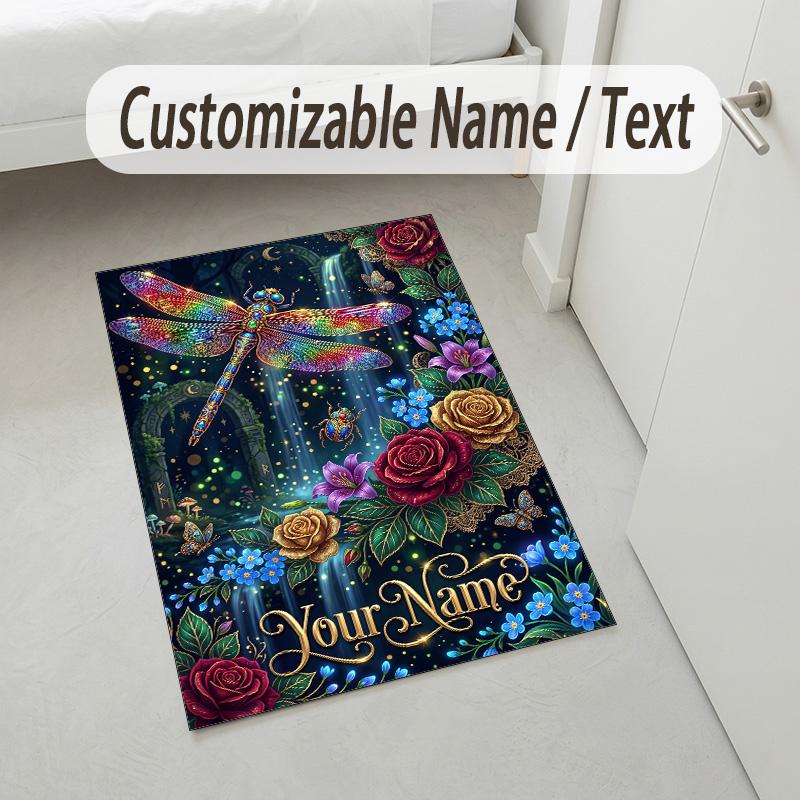 Dragon Phoenix Theme Crystal Velvet Rug Personalized Custom Name Text Soft Floor Mat Home Decor