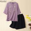 ZANZEA Women 3/4 Sleeve Embroidery Blouse and Shorts Summer Two Piece Suit Sets