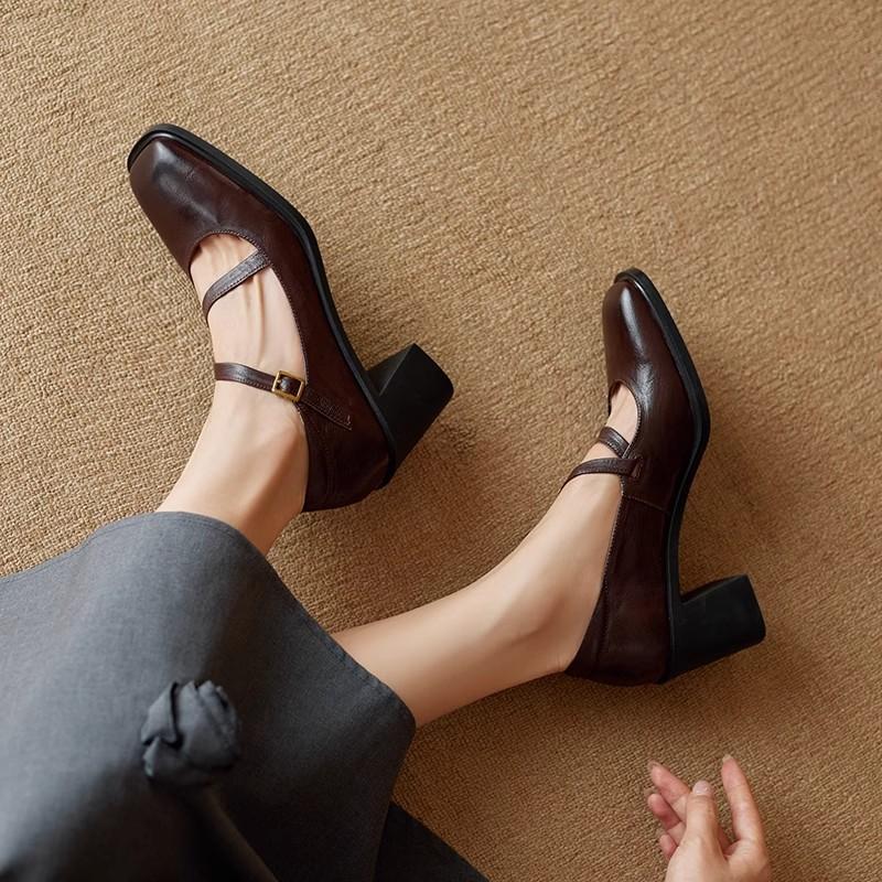 Spring Double-strap Silent Mary Jane Square Head Thick Heel Rubber Sole Leather Mary Jane Shallow Mouth Single Shoes