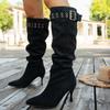 Metal Buckle Western Knee High Boots Women 2025 Winter Vintage Brown Suede Long Boots Sexy High Heel Woman's Y2K Shoes